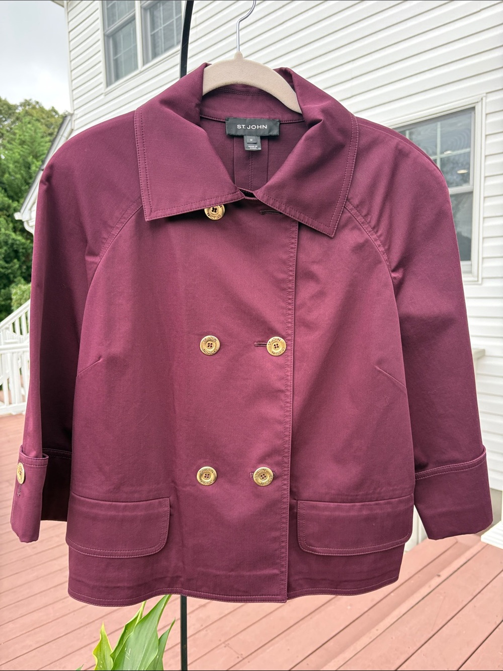 St. John Women's cropped Maroon Double-Breasted Pea Coat with Gold Buttons
